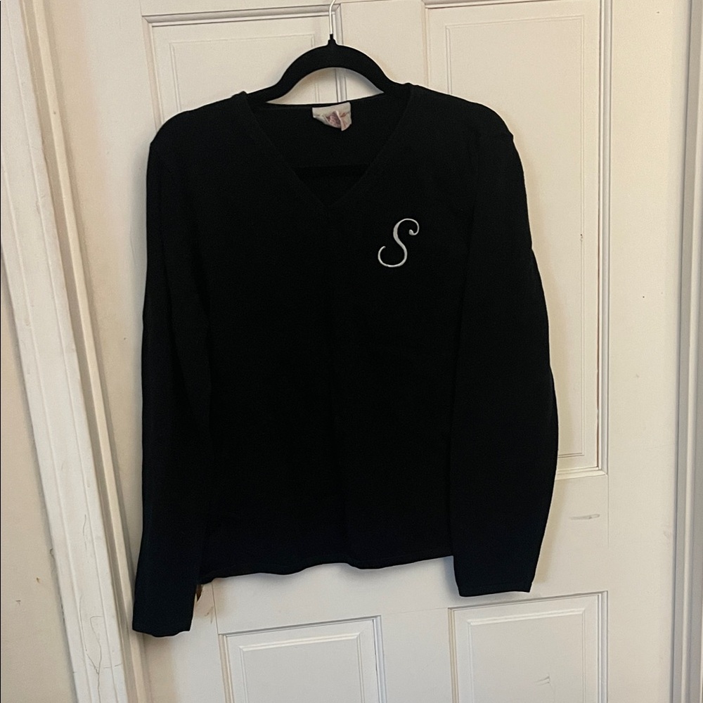Classic Black V-Neck Sweater with Script 'S' Embroidery